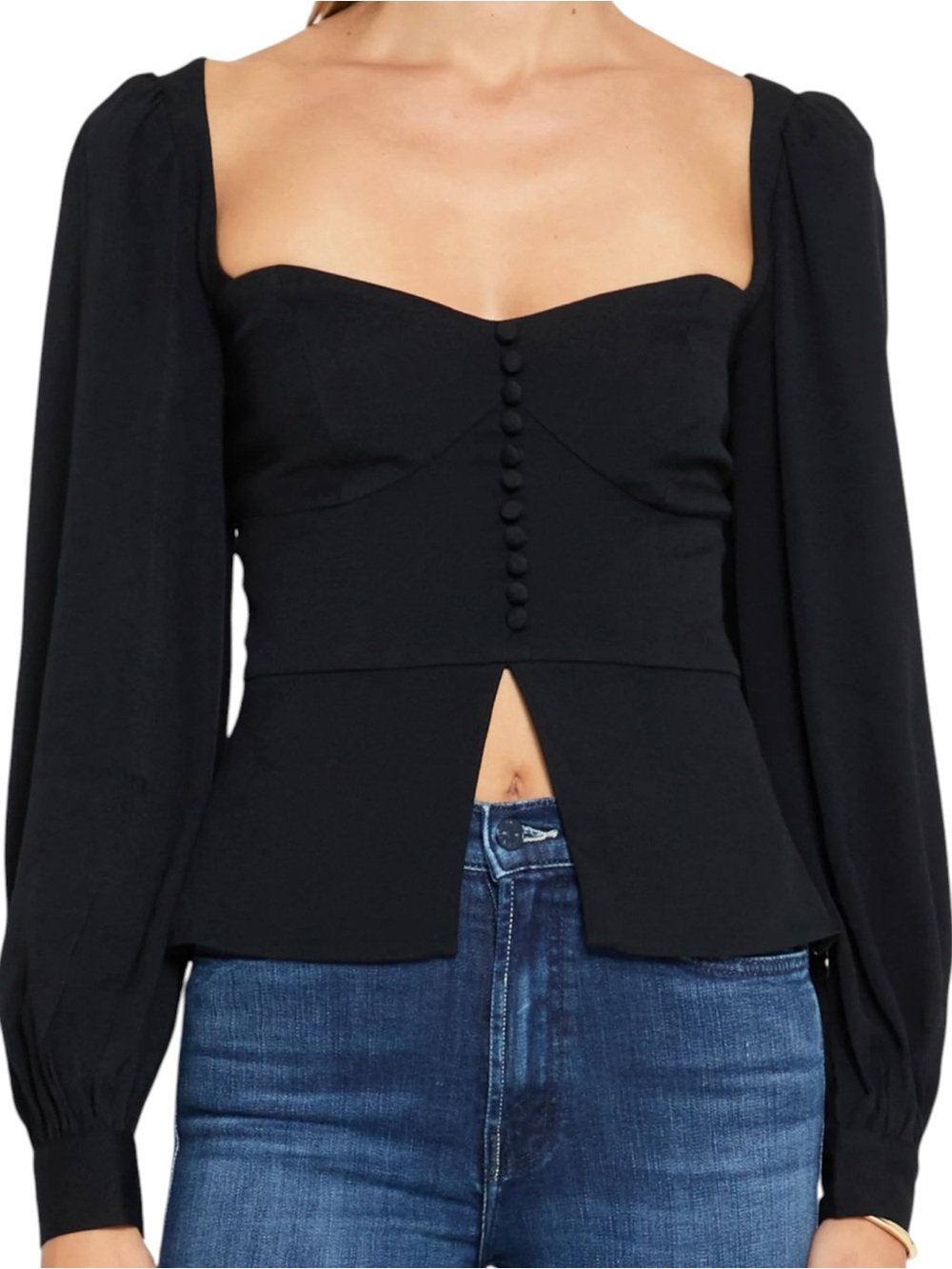 Kourt Few Moda Kendra Top Black Square-Neck Peplum Blouse Button Front Open Back